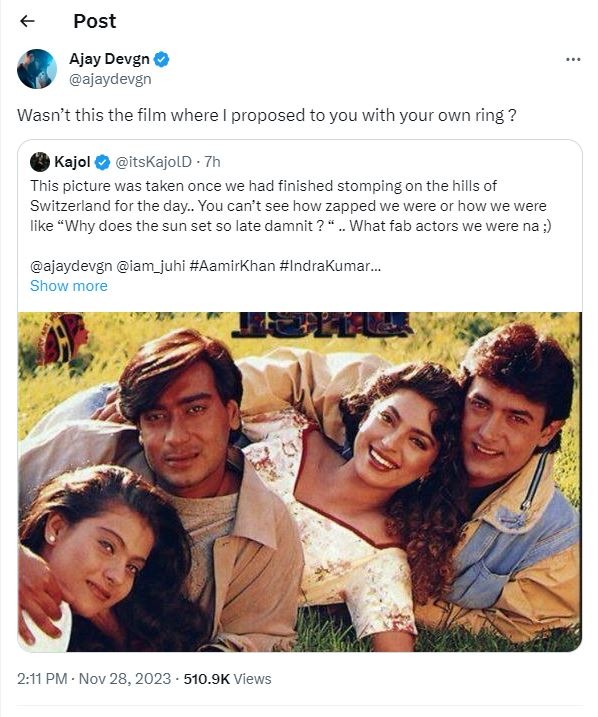 फिल्म इश्क के सेट पर अजय देवगन ने काजोल को किया था प्रपोज, अब बताया पूरा सच