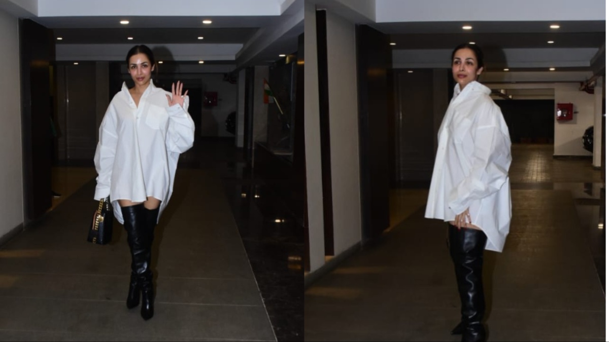 सिर्फ शर्ट पहनकर निकलीं Malaika Arora, पैंट की जगह पहने बूट्स