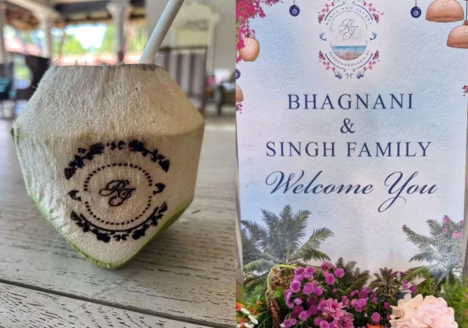 रकुल प्रीत सिंह और जैकी भगनानी की शादी से पहले सोशल मीडिया पर कुछ झलक देखने को मिल रही हैं। सोशल मीडिया पर आई तस्वीरों में से एक में एक नारियल दिल रहा है जिस पर रकुल प्रीत सिंह और जैकी भगनानी के नाम के पहले लेटर लिखे हुए हैं। दूसरी में एक फ्लोरल कार्ड दिखाई दे रहा है जिस पर आप देख सकते हैं कि सिंह और भगनानी फैमिली की तरफ मेहमानों का स्वागत किया गया है।