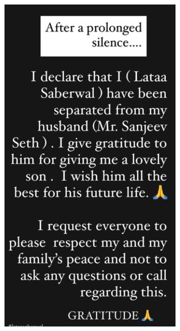 Lataa Saberwal Announces Separation