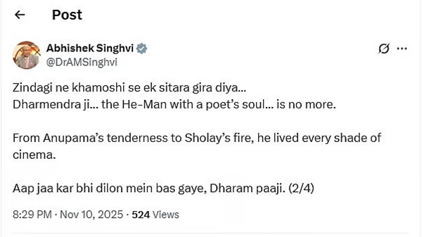 Abhishek Manu Singhvi Dharmendra tweet