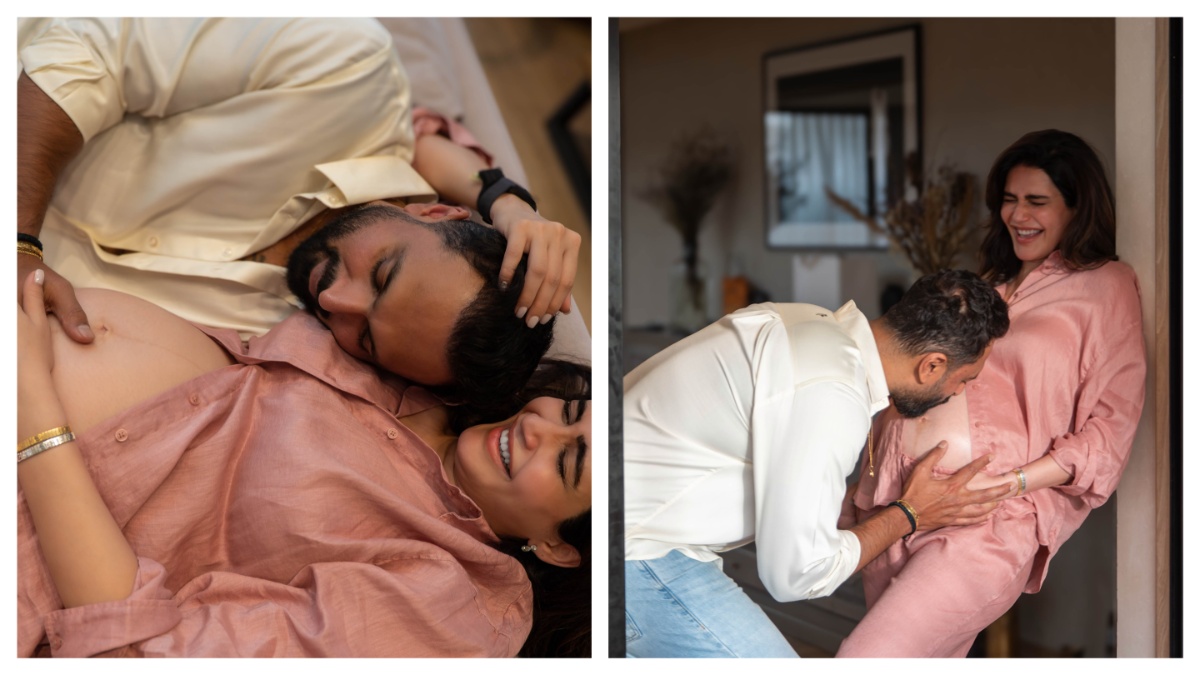 Karishma Tanna flaunts huge grown baby bump romancing with husband varun banger intimate photos viral