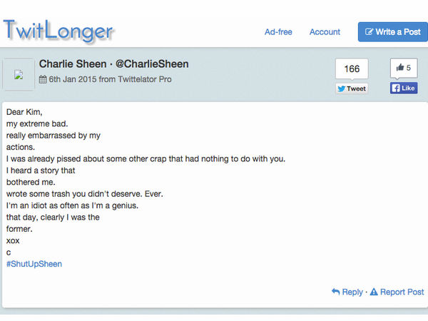 Charlie Sheen's Apologizes To Kim Kardashian After Feud