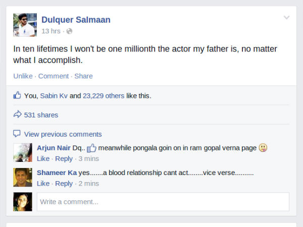 Dulquer Salmaan's Facebook Post