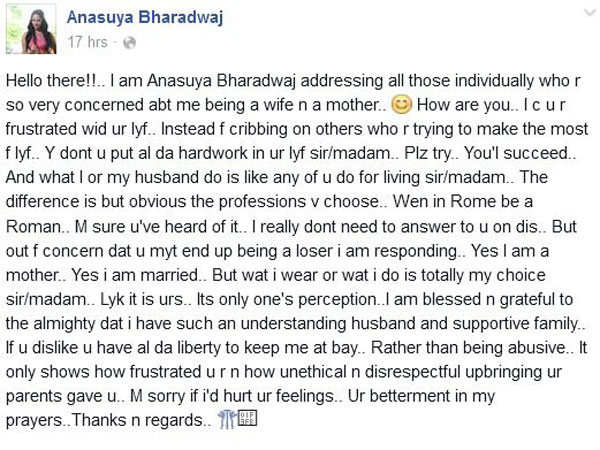 Anchor Turned Actress Anasuya Bhardwaj Takes A Dig At Creeps On Facebook
