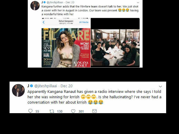 The Editor Of Filmfare Hit Back At Kangana In A Series Of Tweets