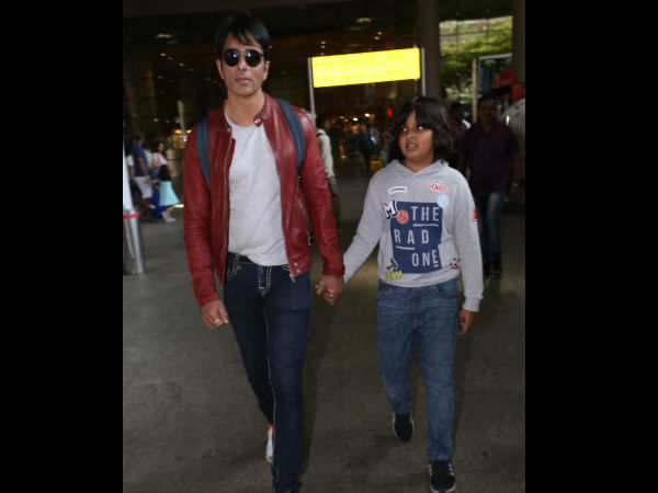 Sonu Sood At The Airport With His Son