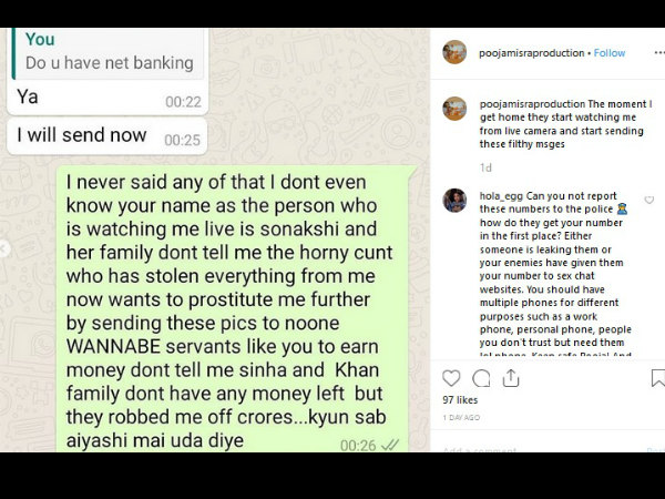 Pooja Mishra Says Sonakshi Sinha & Family Is Watching Her On Live Camera & Sending Filthy Messages!