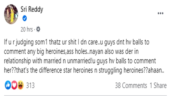 Sri Reddys Facebook Post