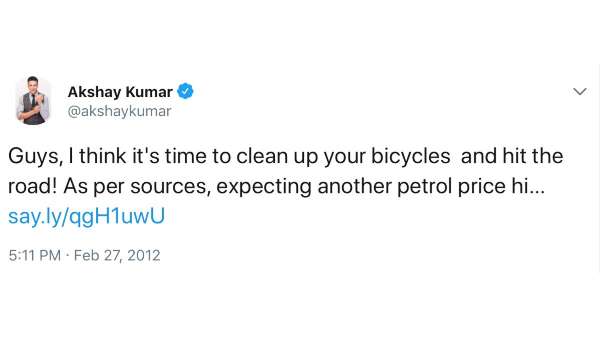 Akshay Kumar's Deleted Tweet On Petrol And Diesel Price Hike