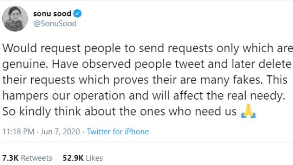 Sonu Sood's Tweet