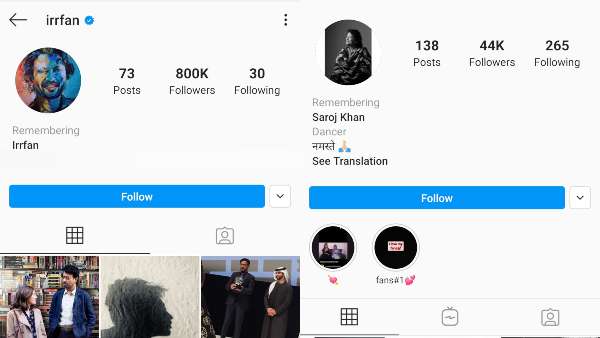 After Sushant Singh Rajput, Irrfan Khan And Saroj Khans Instagram Profiles Memorialised