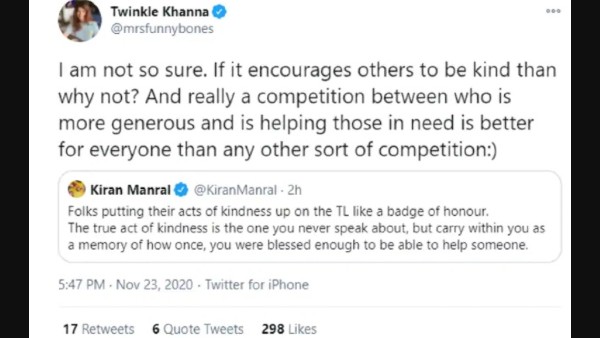 Twinkle Khanna Defends Those Publicising Charitable Acts On Social Media