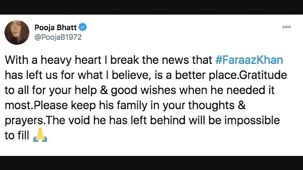 Pooja Bhatt Mourns The Death Of Faraaz Khan Pooja Bhatt Mourns The Death Of Faraaz Khan