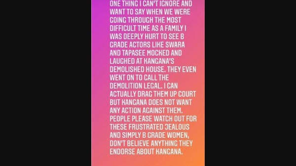 Rangoli Chandel Slams Taapsee, Swara For Mocking Kangana's Demolished House Rangoli Chandel Slams Taapsee, Swara For Mocking Kangana's Demolished House