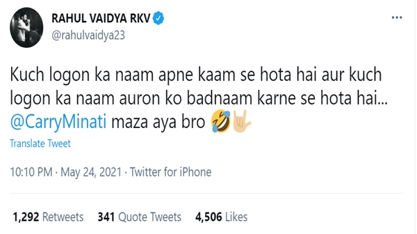 Rahul Vaidya Gives Befitting Reply To Carry Minati For His Latest Video About Bigg Boss 14 Contestants