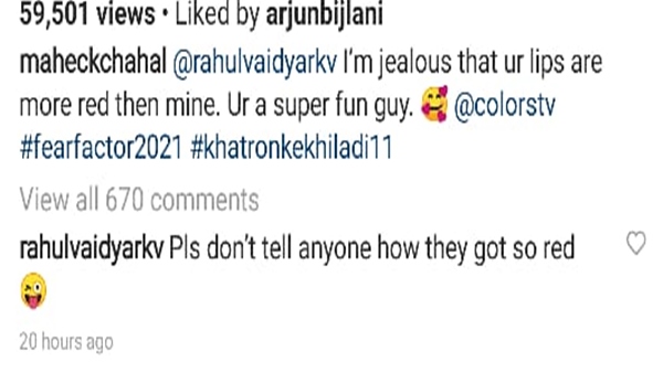 Rahul Vaidya Writes Witty Comment On Mahekk Chahal’s Post As She Gets Jealous Of His ‘Red Lips’ Rahul Vaidya Writes Witty Comment On Mahekk Chahal’s Post As She Gets Jealous Of His ‘Red Lips’