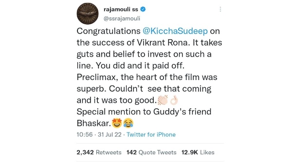 SS Rajamouli Heaps Praise On Kichcha Sudeeps Vikrant Rona; See Post