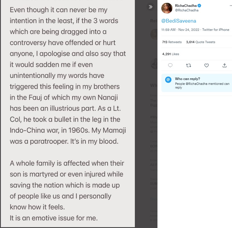 Richa Chadha Apology