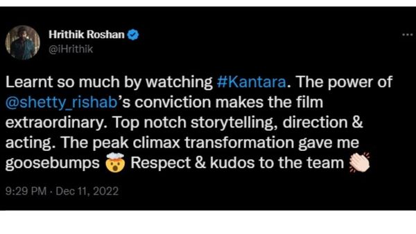 hrithik roshan tweet for kantara