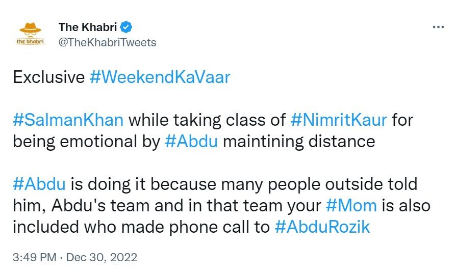 Bigg Boss 16 Weekend Ka Vaar Salman Khan Nimrit Kaur Mother Called Abdu Rozik