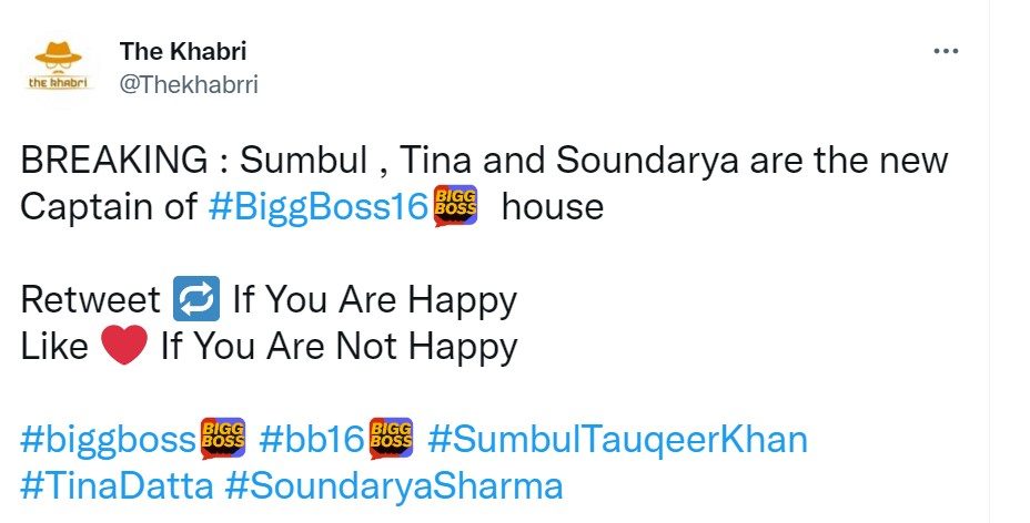 Bigg Boss 16 3 new captains Sumbul Tina Soundarya