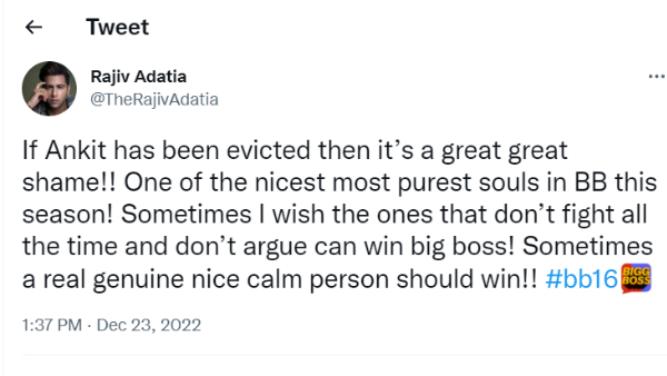 Bigg Boss 16: Rajiv Adatia's Tweet About Ankit Gupta