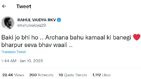 Rahul Vaidya’s Appreciation Tweet For Archana