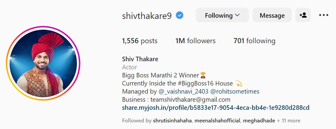 Shiv Thakare Bigg Boss 16 Instagram One Million Followers Shiv Thakare Bigg Boss 16 Instagram One Million Followers