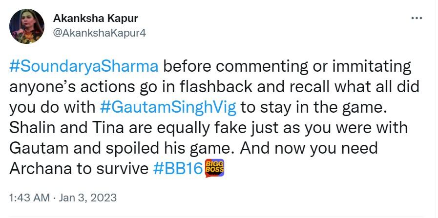 Bigg Boss 16 Soundarya Sharma Trolled Shalin Bhanot Tina Datta Closeness