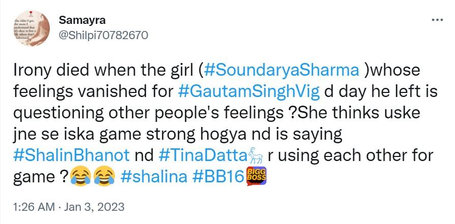 Bigg Boss 16 Soundarya Sharma Trolled Shalin Bhanot Tina Datta Closeness