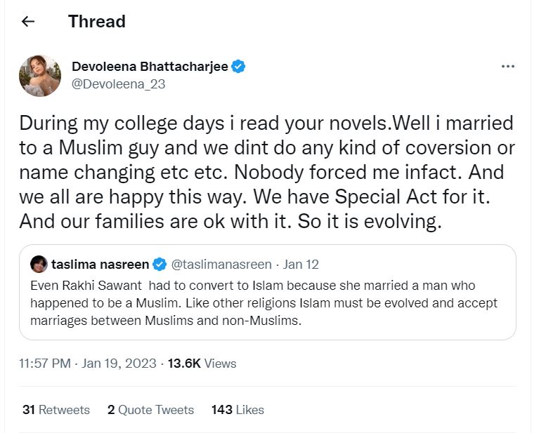 Devoleena Reacts To Taslima's Tweet