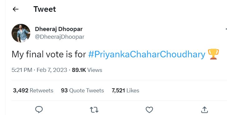 Dheeraj Dhoopar's Tweet For Priyanka Choudhary Dheeraj Dhoopar's Tweet For Priyanka Choudhary