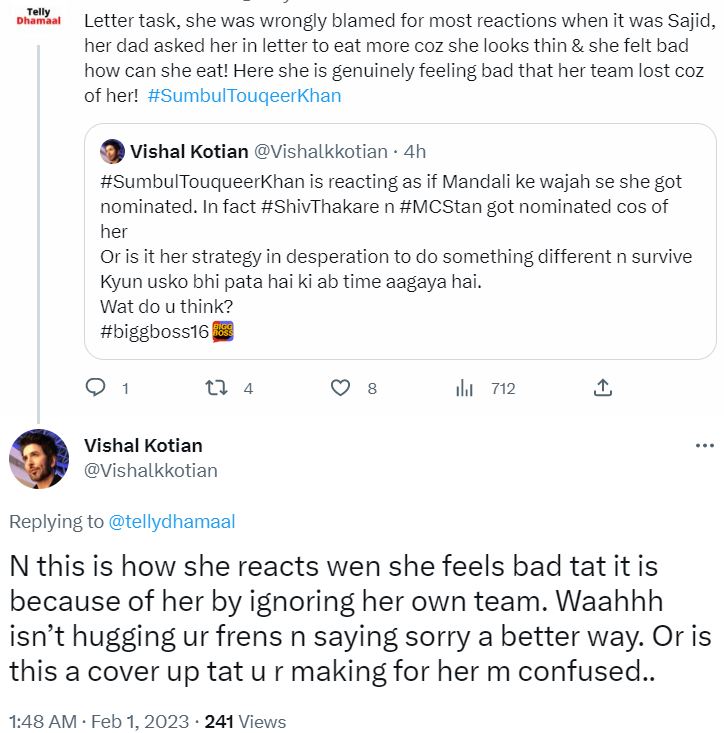 Vishal Kotian's Tweet On Sumbul Vishal Kotian's Tweet On Sumbul