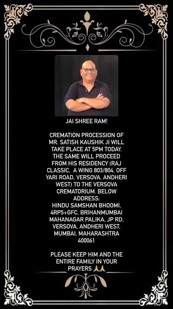 Satish Kaushik's Funeral At 5 PM Today