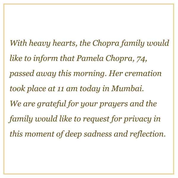 Pamela Chopra Death: YRF Shares Official Statement
