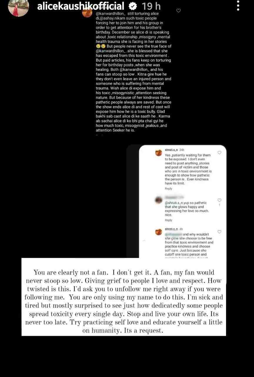 Pandya Store Update Alice Kaushik Blasts Fan Accusing Boyfriend Kanwar Dhillon Toxic Raavi Shiva Unfollow Me Right Away