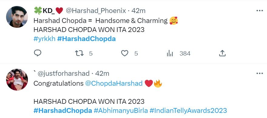 Harshad Chopda Wins Indian Telly Award 2023