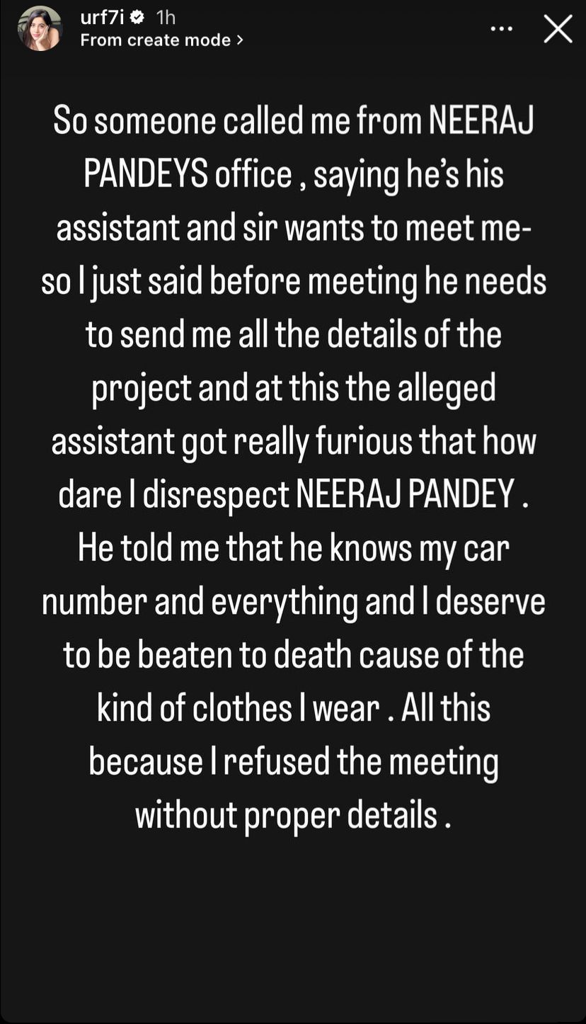 Urfi Javed Claims Harassment From Neeraj Pandey’s Assistant