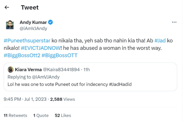 Bigg Boss OTT 2 Andy Demands Jad Hadid Eviction Bum Controversy