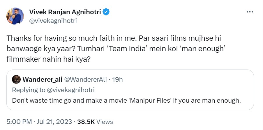 Vivek Agnihotri On Twitter User Asking Him To Make 'Manipur Files'