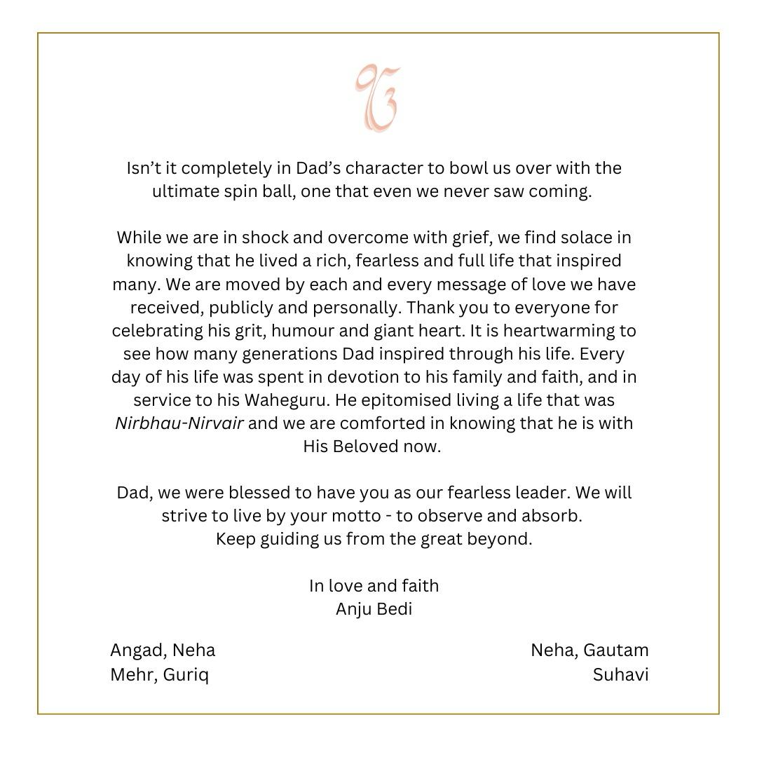 Angad Bedi, Neha Dhupia Share Heartfelt Statement On Father Bishan Singh Bedi’s Demise