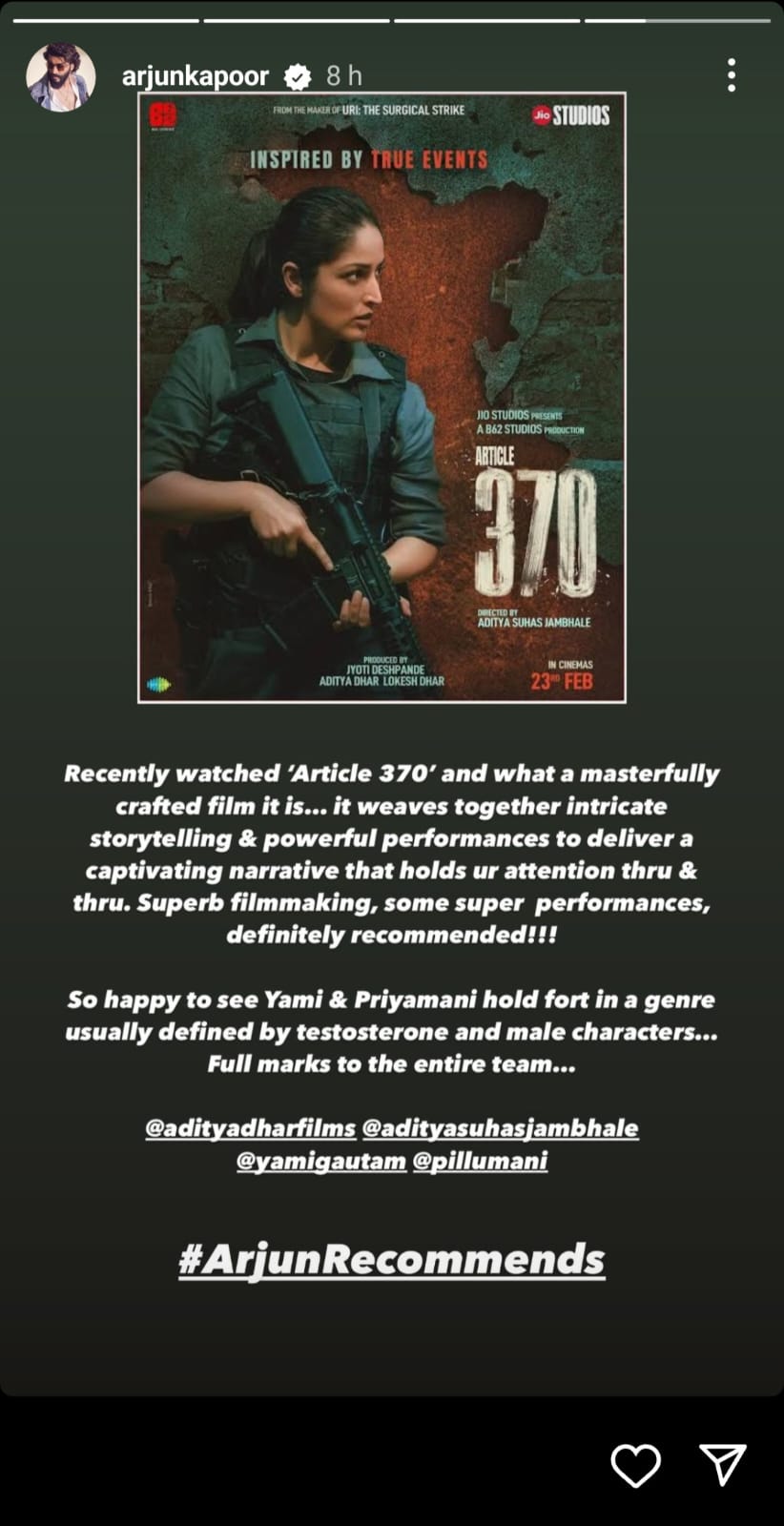 Entertainment LIVE News: Arjun Kapoor Lauds Yami Gautam Starrer 'Article 370'