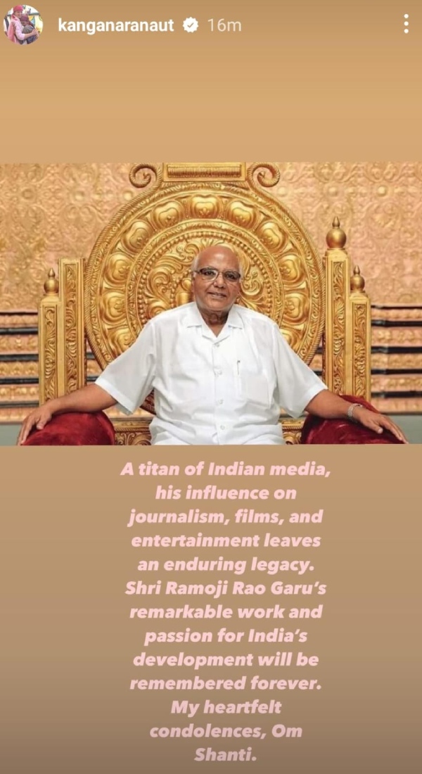 Ramoji Rao Death: Kangana Ranaut Calls Him 'Titan of Indian Media'