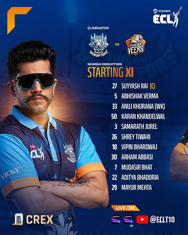 ECL T10 Eliminator: Mumbai Disruptors Playing XI- Munawar Faruqui Is Not Part Of Match