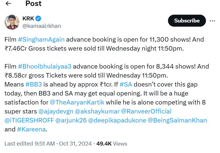 KRK Shares Singham Again Advance Booking Till Wednesday 11:50pm