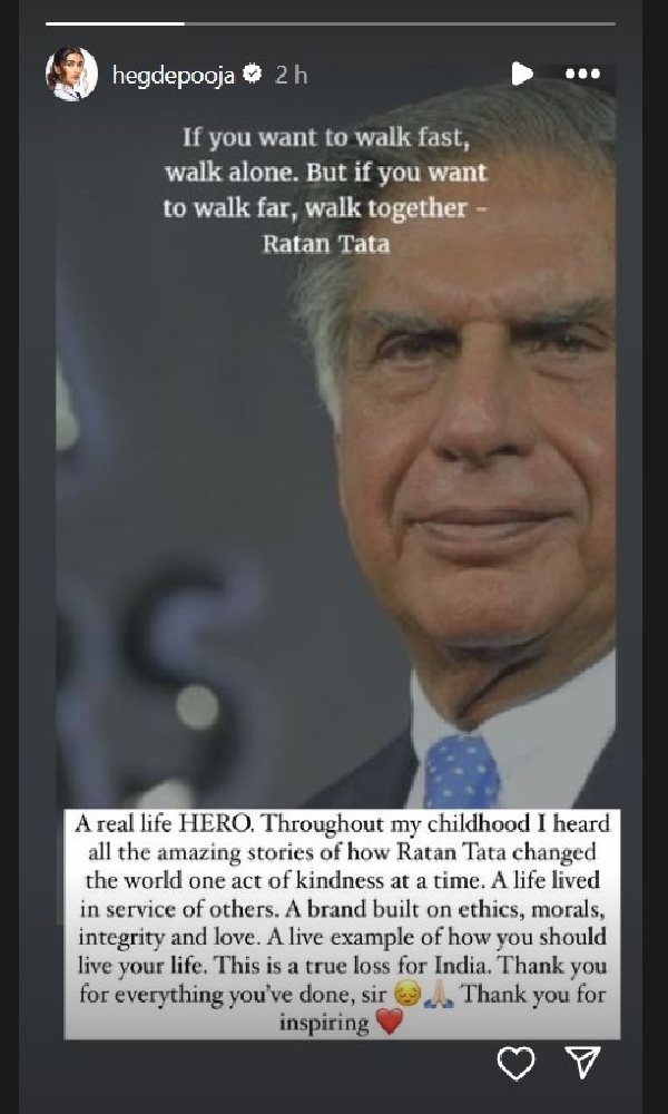 Pooja Hegde Pays a Homage to Late Ratan Tata