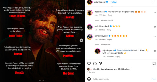 Singham Again Animal Star Bobby Deol Lauds Arjun Kapoor