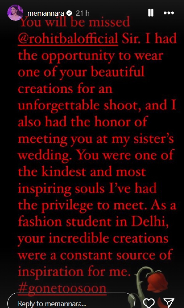 Rohit Bal s Death Mannara Chopra Recalls Meeting Him