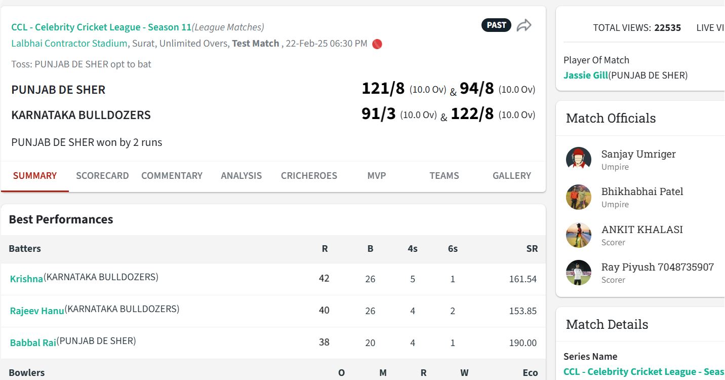 Punjab De Sher win by 2 runs